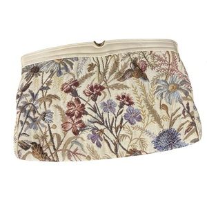 Vintage MORRIS MOSKOWITZ MM Beige Leather Floral Tapestry Clutch Purse Bag Retro